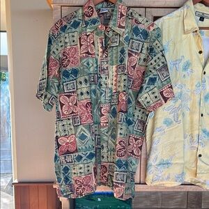 Green and Red Casual Button Down Shirt with Tropical Print